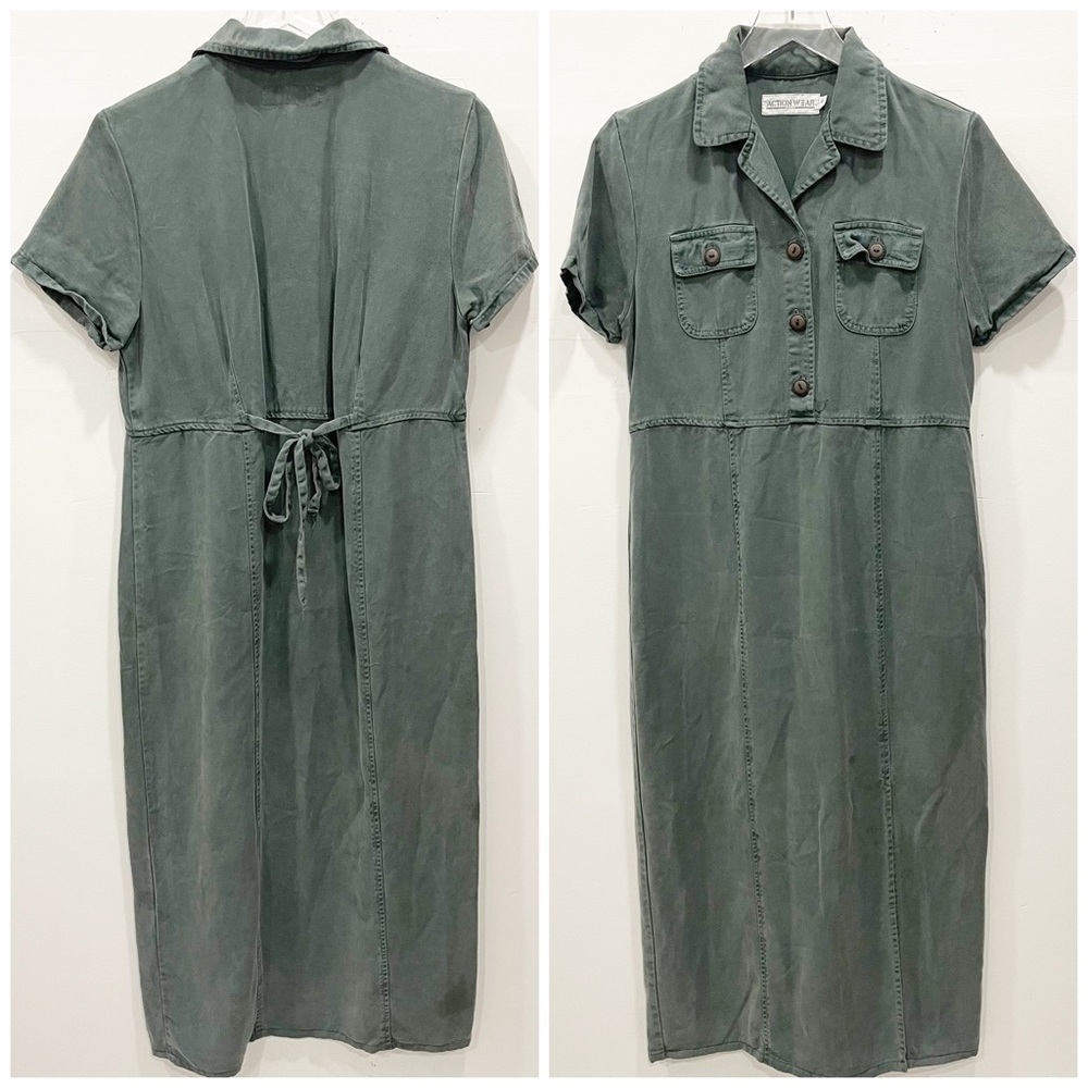 Action Wear USA Military Green Midi Dress Side Slit Small Button Front